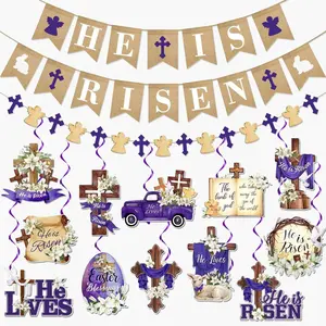 He is Risen Easter Decor- Religious Easter Decorations He is Risen Banner and Hanging Swirls Christian Jesus Religious Hanging Banner for Easter Spring Party Home Wall Decorations