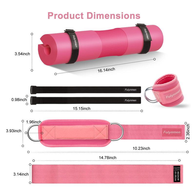 2/8/9Pcs Barbell Pad Set,Hip Thrust Pad, Squat Pad,Gym Accessories for Women with Bar Pad for Hip Thrust,Lifting Wrist Straps,Ankle Straps for Cable Machines Women,Resistance Bands,Carry Bag 8Pcs Pink