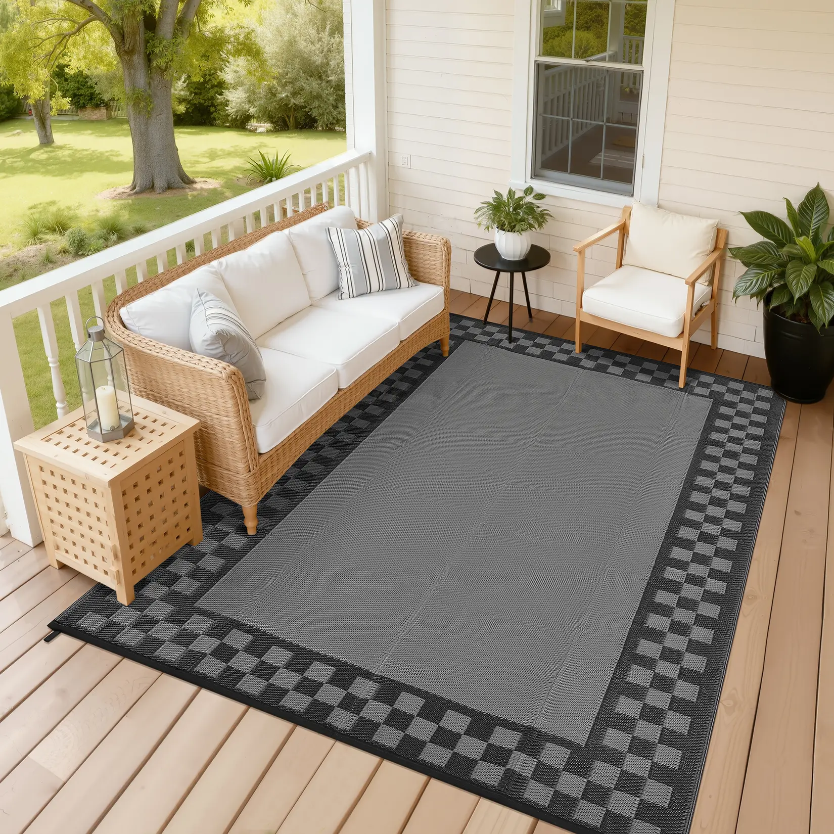 Outdoor Patio Rug Double-sided Reversible Modern Geometric Plastic ...