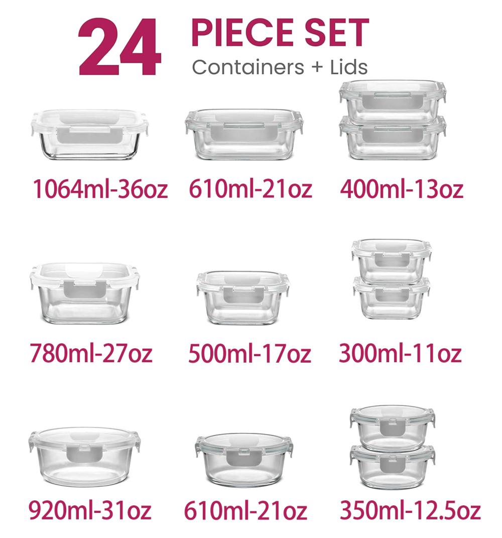 12Pack Glass Food Storage Containers - Airtight Lids, Microwave/Dishwasher Safe BPA-Free Kitchen Organizer + Black/Gray Utensils