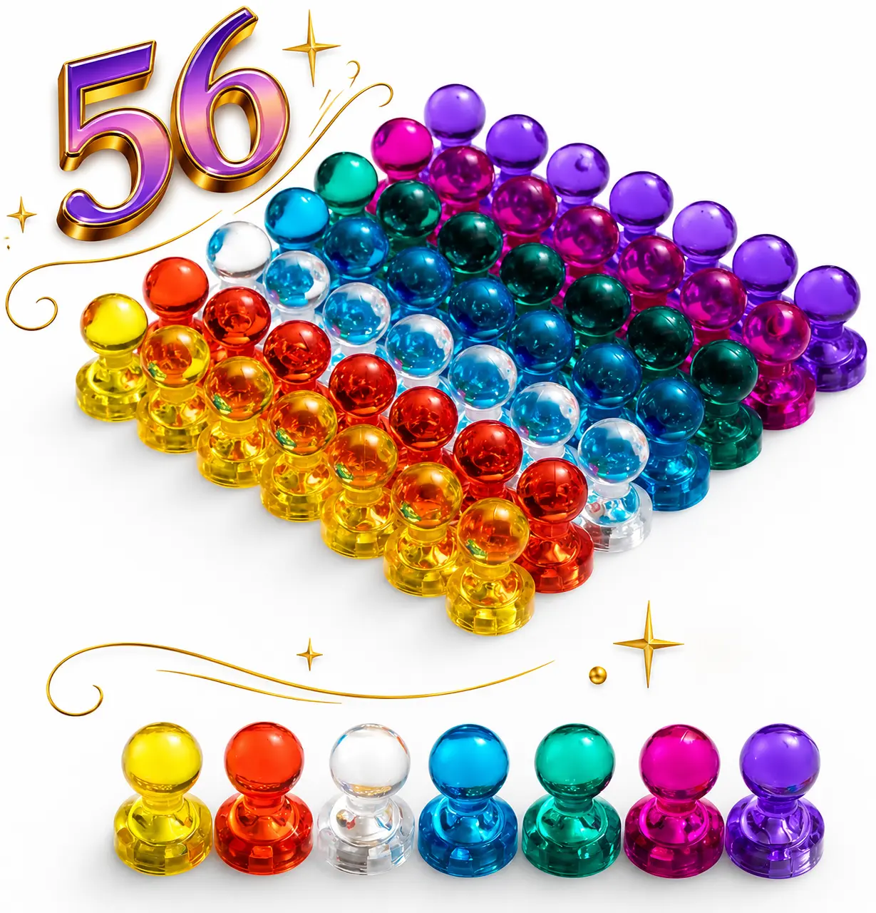 56 Colorful Magnets for Whiteboard , 7 Assorted Color Strong Push Pin Magnets, use as Refrigerator Magnets, Whiteboard Magnet, Classroom Magnet