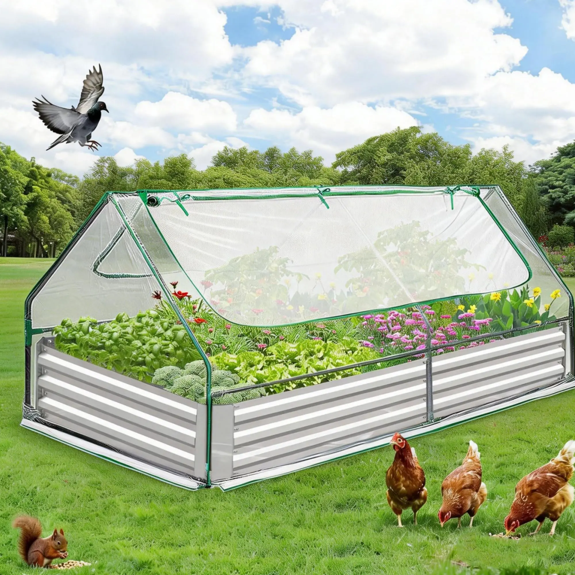 Raised Garden Bed with Clear Cover - Outdoor Mini Greenhouse, 2 Large Screen Windows, Metal Planter Box for Planting Plants Vegetables, Portable Greenhouse