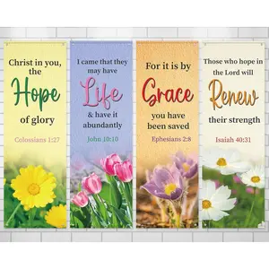 4Pcs Church Banners for Sanctuary Wall Welcome Inspirational Religious Banners Hanging Backdrop Blooming Flower Church Banner with Scripture Bible Verses Exquisite Banner for Holiday School Decor