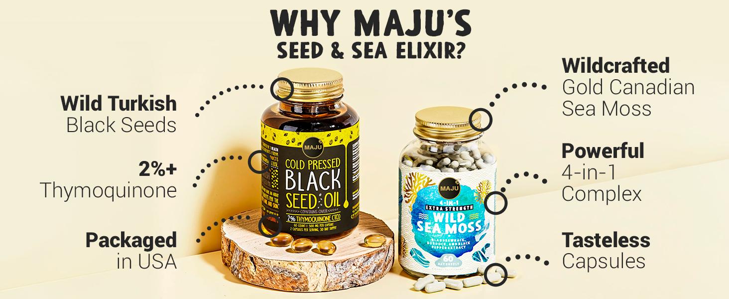 MAJU Seed & Sea Elixir Pack - Black Seed Oil Capsules (60ct) & 4-in-1 Wild Sea Moss Capsules (60ct) Edible Dietary Healthcare Fitness Supplement