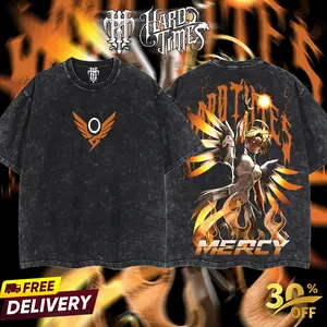HardTimesClothing - Mercy Overwatch, Blizzard Collection Game Oversized Washed Tee Acid Washed Lightweight TSHIRT, Gift for him her Clothes Cotton