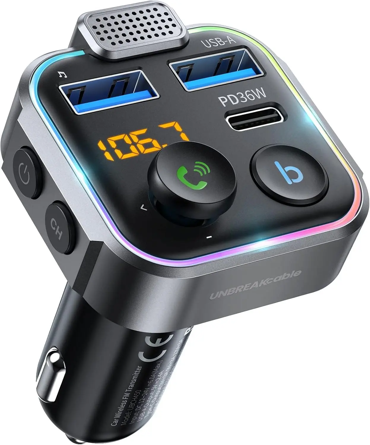 38W PD Fast Charging 12V Plastic USB-C LED Car Adapter FM Transmitter - Hands-Free Calls, HiFi Bass Boost MP3 Player, USB Drive Support, Type-C Compatibility