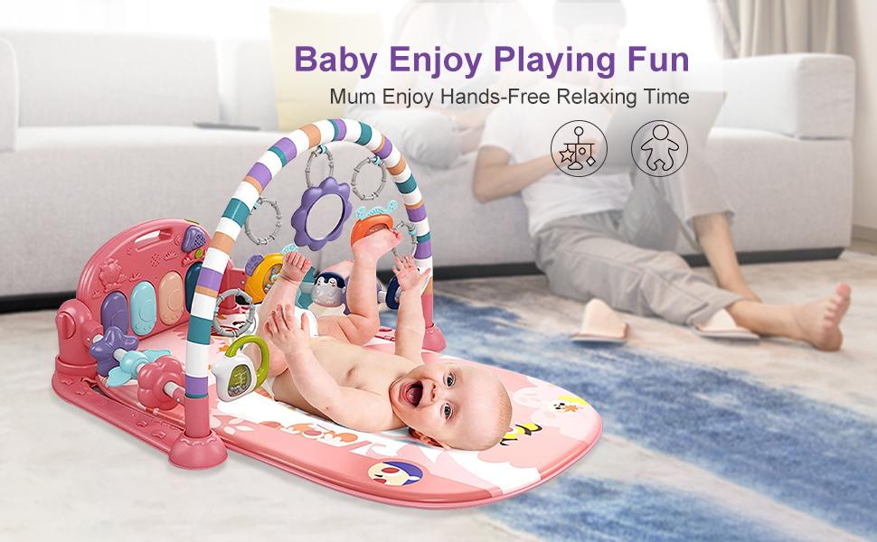 dearlomum Baby Play Mat Blue Giraffe Design with 5 Sensory Toys Music Lights for Newborns 0-36 Months Multifunctional Rubber Playmat Playpen Gift for Boys & Girls