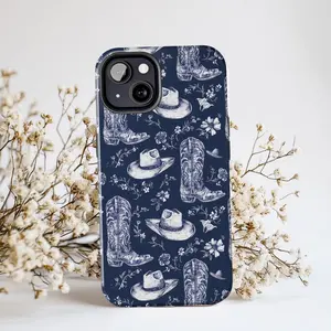 Navy Blue Western Floral Boots & Hats Toile IP Phone Case  Classic Cowgirl Rodeo Aesthetic Phone Cover for IP Phone 17 16 15 14 13 12 11 Plus/Air/Pro Max/Pro  X/XR/XS,Samsung S25,S24,S23,S22,Ultra Plus FE