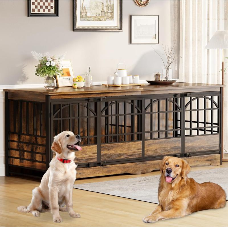 COZPAW Heavy Duty Dog Crate Furniture, 52/78/86 Inch Wooden Dog Kennel Indoor for XLarge Breed, Dog Crates for Large Dogs with Double Doors, Decorate as House TV Stand, End Table-White Brown
