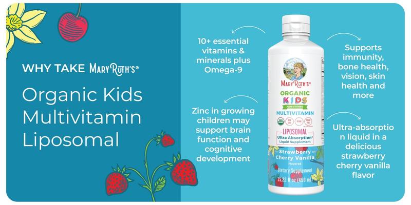MaryRuth's USDA Organic Kids Multivitamin Liposomal - Sugar Free Liquid for Kids - Immune Support - Cognitive Health - Vegan - Non-GMO - 15.22 Oz