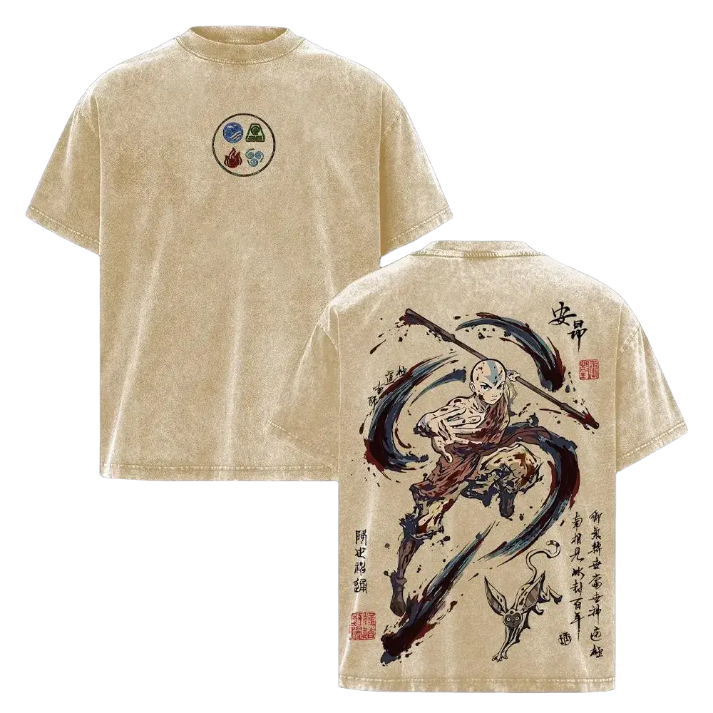 Aang Avatar The Last Airbender Vintage Washed Oversized T-Shirt – Four Elements Avatar State Anime Graphic Tee, Air Nomad Staff Martial Arts Art Shirt, Soft Cotton Streetwear Casual Apparel for ATLA Fans