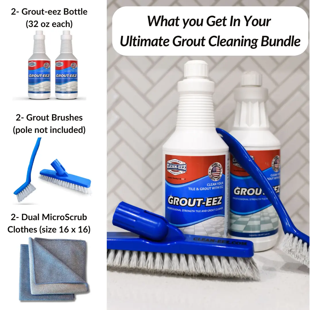 The Complete Grout Renewal Kit - 2 Grout-eez 32oz Bottles, 2 MicroScrub Cloths, 2 Grout Brushes, Removes Grout Stains Fast, Clean Tile Floors Without Kneeling, Ceramic & Porcelain Tile | Clean-eez