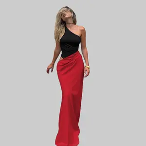 Contrast Color One-Shoulder Waist Cutout Tank Maxi Dresss for Women's 2025 Fall Winter New Slim Fit Sleeveless Bodycon Elegant Sexy Casual Wear Evening Events Parties Dating Dress summerwins