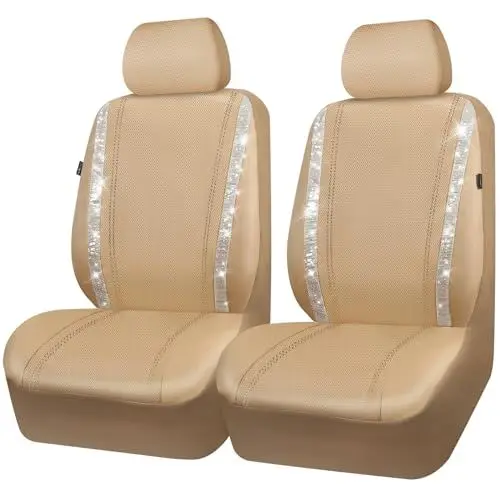 Beige Rhinestone Leather 2 Front Car Seat Covers