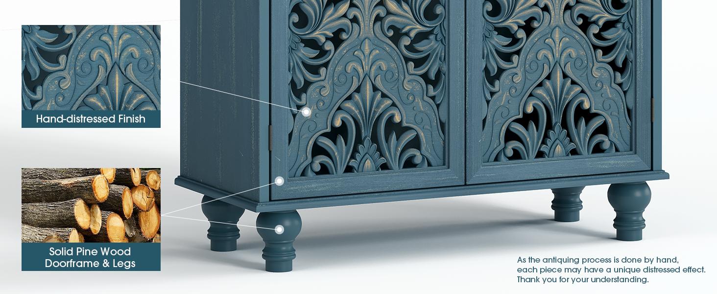 47" Boho Farmhouse Accent Cabinet Navy Blue Mandala Carved Doors Solid Wood Legs 100lbs Storage Sideboard for Entryway Living Room Coffee Bar