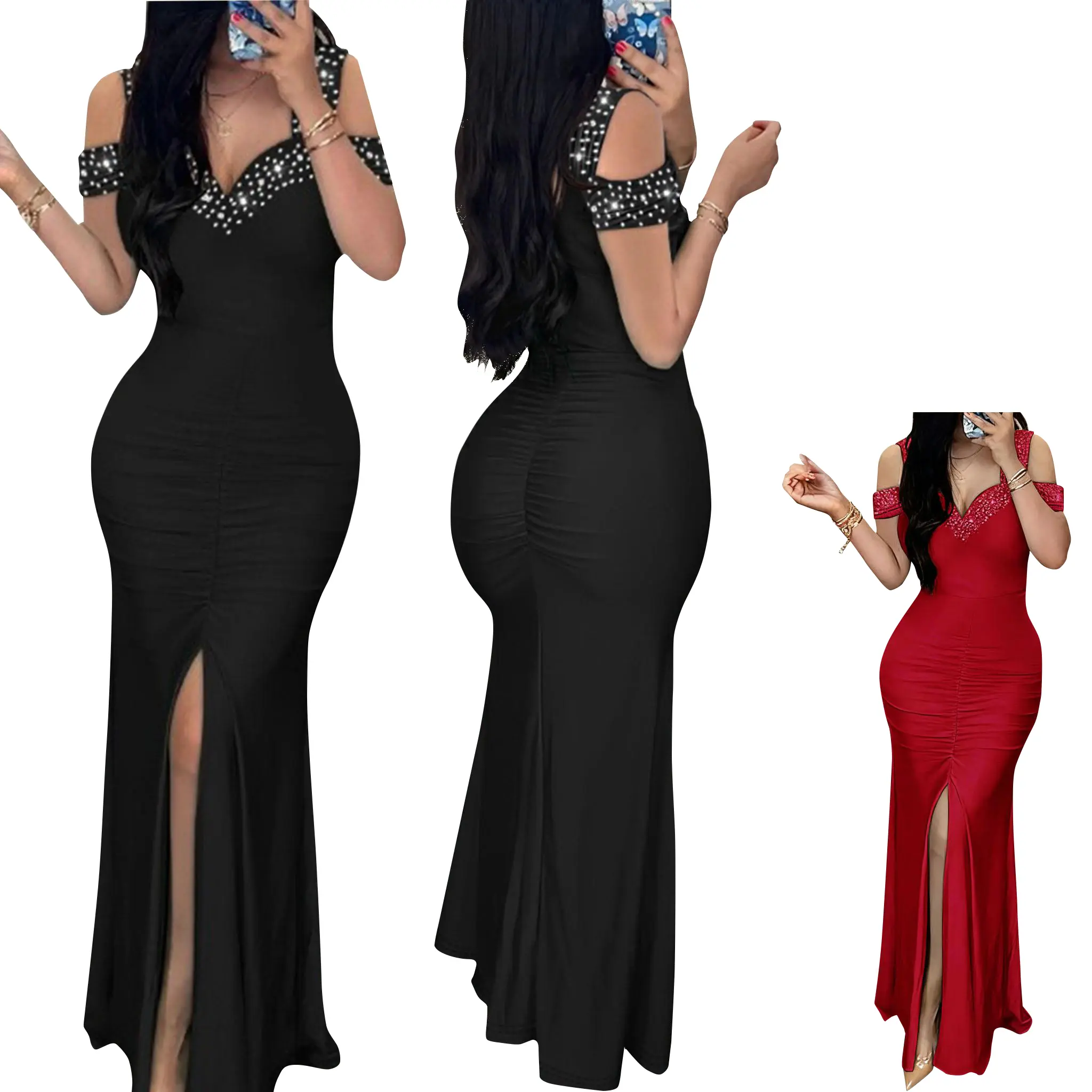 Women's Formal Dresses Elegant Hot Diamond Off-Shoulder Slim High Waist Hip-Wrapped Slit Dress Prom Dress