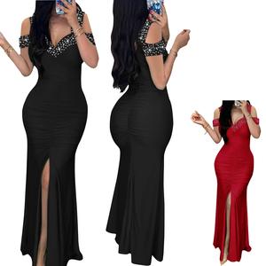Women's Elegant Hot Diamond Off-Shoulder Slim High Waist Hip-Wrapped Slit Dress Prom Dress Beaded Prom graduation dress