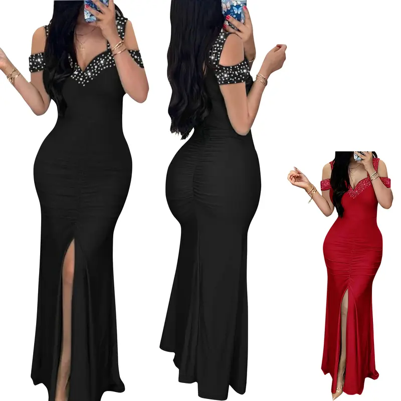 Women's elegant hot diamond off-shoulder slim high waist hip-wrapped slit dress  valentine's day outfit