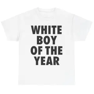 Men's "White Boy Of The Year" Oversized Streetwear T-Shirt - 100% Cotton Classic Short Sleeve, Casual Trendy Menswear Viral Meme Graphic Tee (S-XXXXXL)