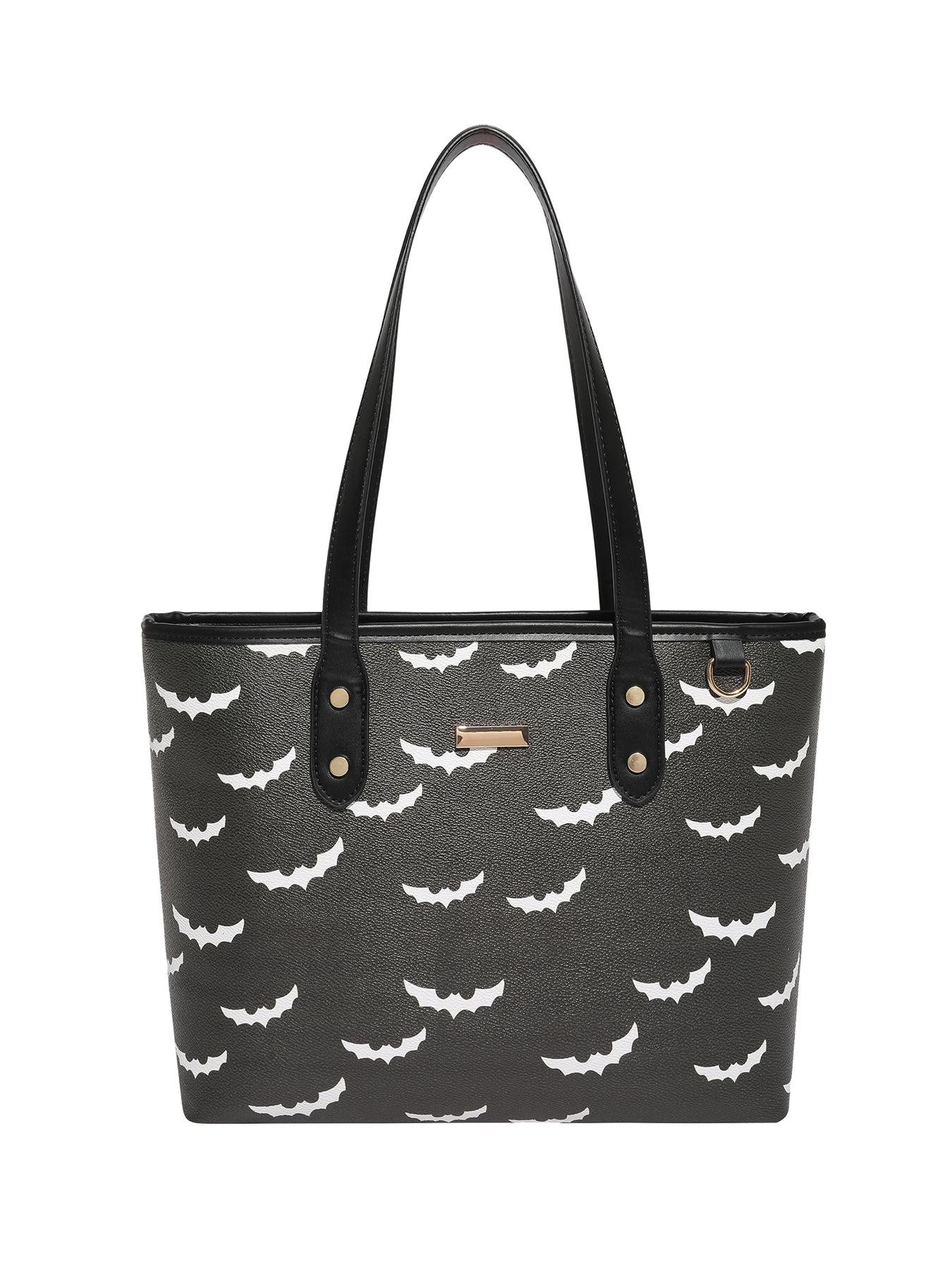 Women's Elegant Bat Pattern PU Leather Tote Bag – Large Capacity Shoulder & Crossbody Bag for Work, Halloween & Daily Use