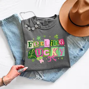 Comfort Colors Feeling Lucky T-Shirt, St Patrick’s Day Shirt for Women, Girls Cute Aesthetic Tee, St Patricks Day Outfit