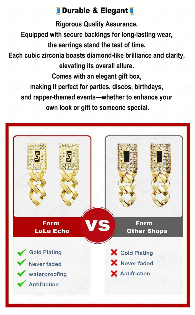 LuLuEcho 14K Real Gold Plated Unisex 4mm Cuban Link Iced Out Sythetic Moissanite Earrings Stainless Steel Miami Earring Hip Hop Jewelry