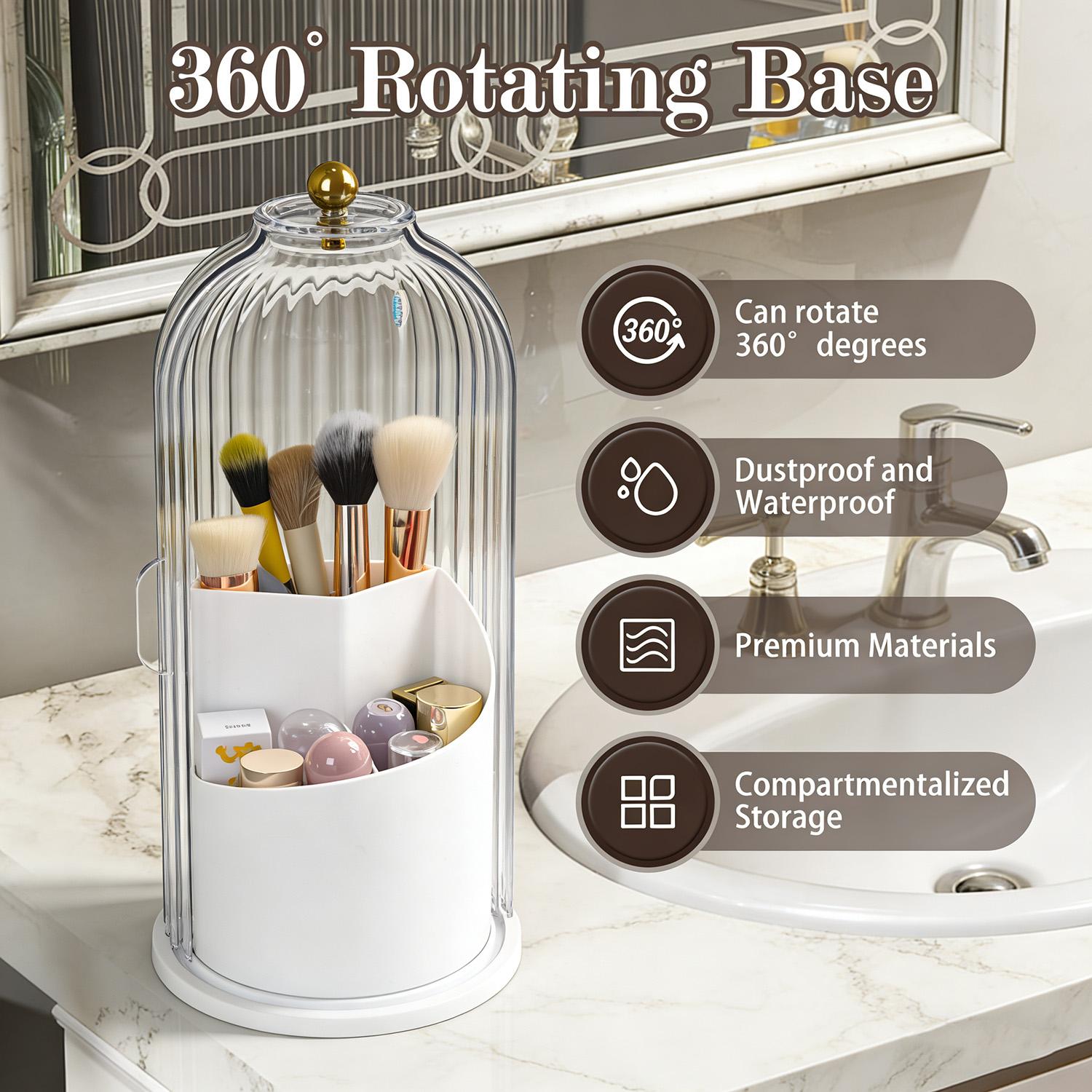 360 Rotating Toothbrush Hoder with Sliding Lid for Bathroom Counter Organizer, 3-in-1 Countertop Organizer for Brushes & Toothpaste, Saves Bathroom Space, Clean, Modern Vanity Decor, Perfect Christmas Gift, Deal of the Home Goods Organizing