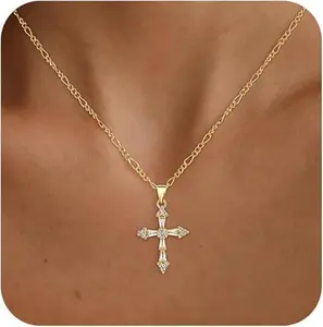 Easter Basket Stuffers Cross Necklace for Women,  Gold Plated / Silver Chunky Cross Necklace Simple Charm Necklaces Big Pendant Necklace Trendy Christian Baptism Religious Faith Jewelry Gifts