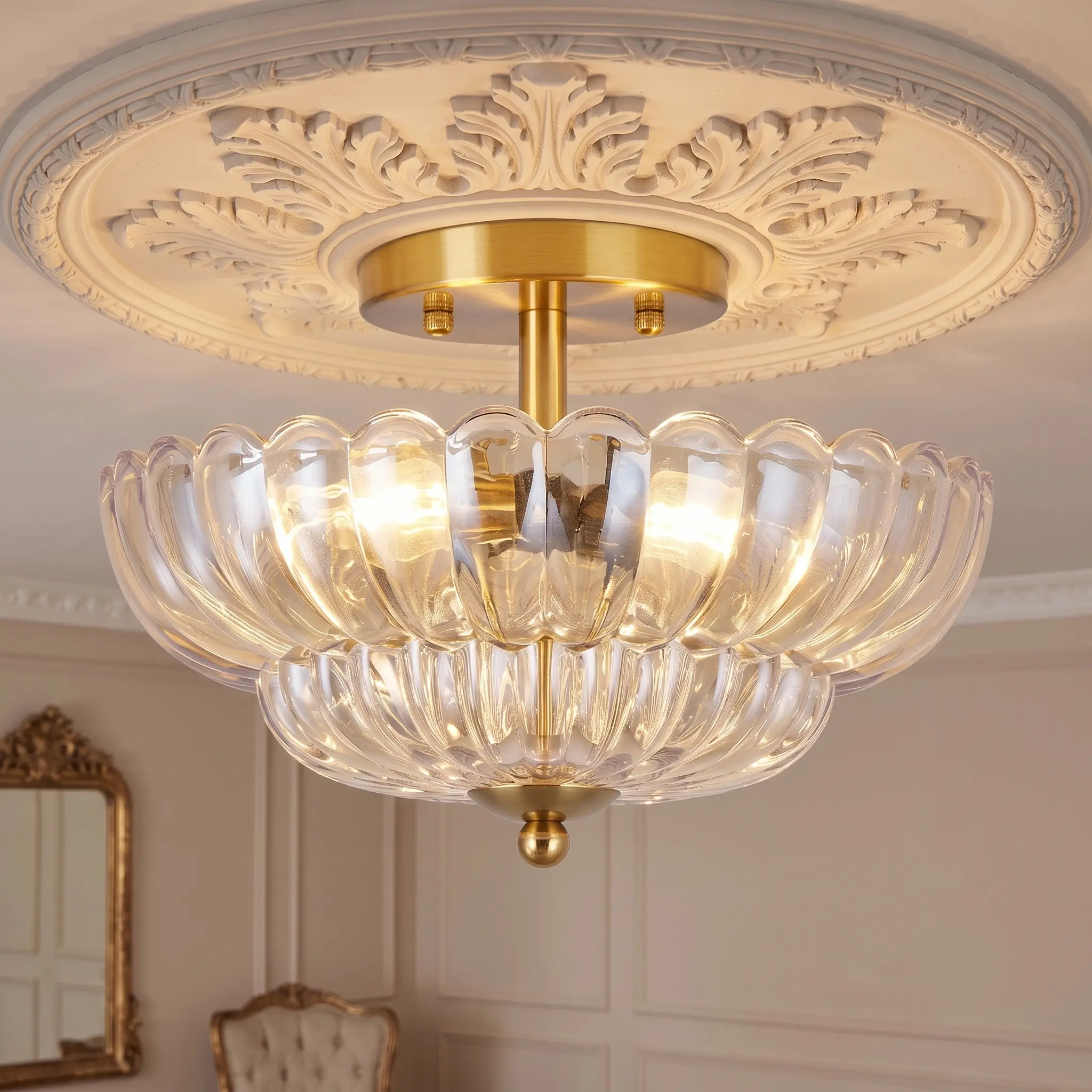 Gold Semi Flush Mount Ceiling Light, 12 Inch Vintage Crystal Light Fixture with 3-Light E26 Base, Modern Close to Ceiling Lamp for Bedroom Hallway Entryway Kitchen Foyer