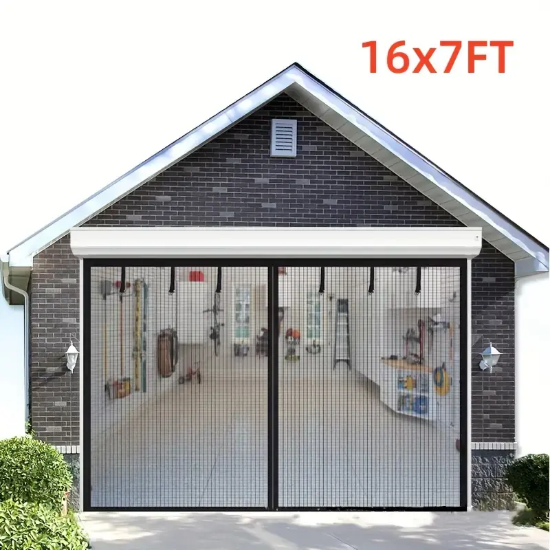 16x7ft Rectangular Heavy-Duty Magnetic Garage Door Screen, Outdoor All-Seasons Fiberglass Mesh, Bug-Block Wind-Resistant, Hands-Free Easy-Install for 2-Car Garages, DIY Users Home Supplies