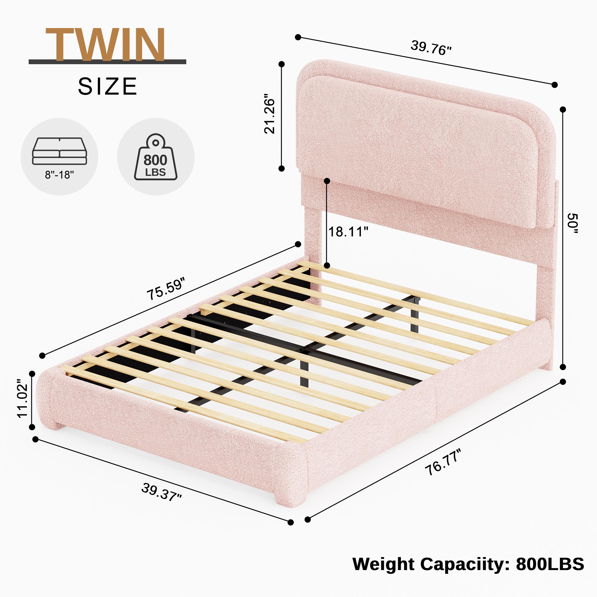 New Arrival Queen LED Bed Frame with 2 Drawers, Teddy Fleece Rounded Upholstered Platform, Headboard, No Box Spring, Quiet, Easy Assembly-Cream,Pink