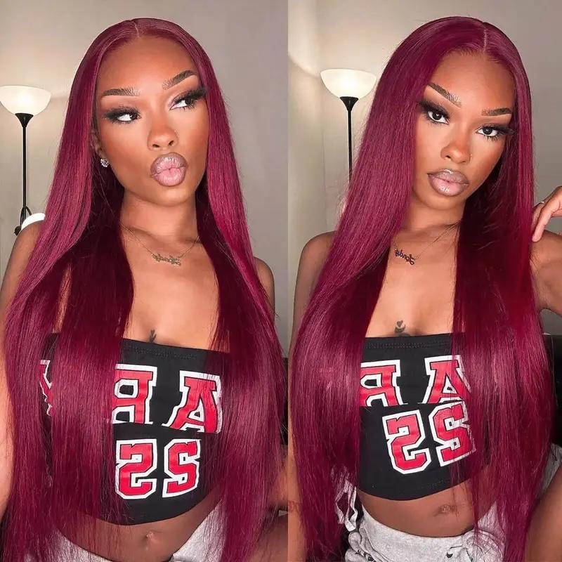 Pizazz Hair 13x4 HD Lace Front Wig Human Hair Wigs 99J Burgundy Straight Lace Frontal Human Hair Wigs with Pre-Plucked Natural Hairline