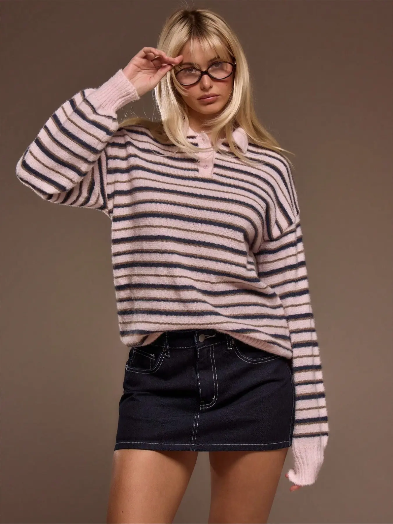 Soft Textured Striped Knit Polo Sweater Women's Vintage Retro Collar Button Cardigan Coat, Loose Long Sleeve Elegant Knit Pullover Top with Sweet Academic Style Casual Fashion Chic for Valentine's Day Gentle Look Knitwear Womenswear Fitted