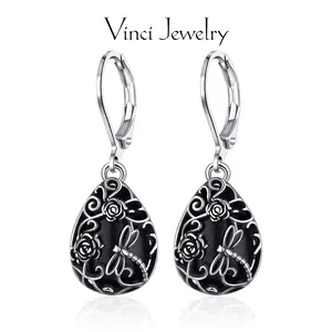 925 Sterling Silver Black Onyx Dragonfly Design Dangle Earrings