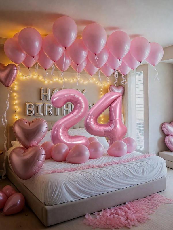Pink & Silver Balloon Garland Birthday Set, Includes 40inch Foil Number Balloons, Pink Rose Petals, Suitable For 16th, 18th, 20th, 21st, 25th, 30th, 35th, 45th Birthday Party Decoration