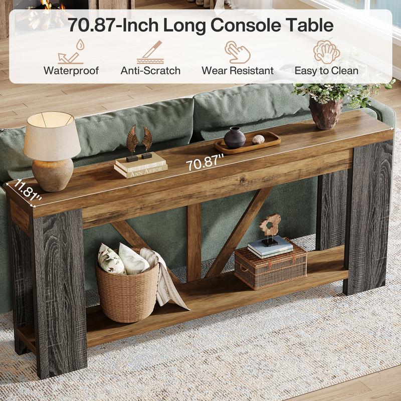 LITTLE TREE  70.9" Extra Long Entry Table, Farmhouse Wood Console Table with Storage, Modern Accent Sofa Table Behind Couch Foyer Tables for Entryway, Living Room, Entrance, Rustic Brwon