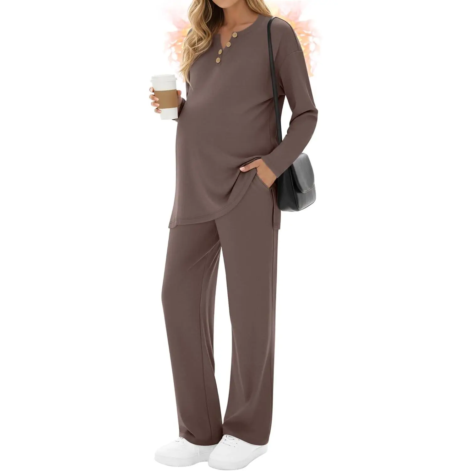 Women's 2-Piece Fleece Fabric Thermal Maternity Lounge Set - Long Sleeve Top & Wide Leg Pant, Casual Pregnancy & Postpartum Indoor Recreation Loungewear, Maternity Clothing, Warmer