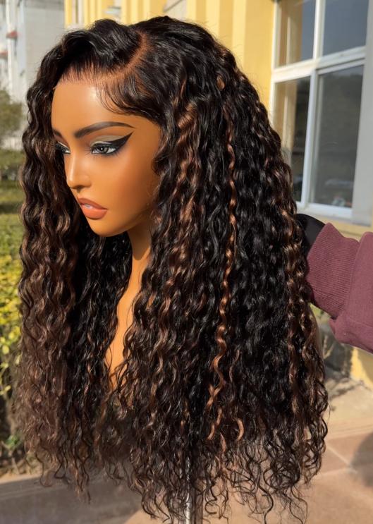Unice  Water Wave Wig Black with Golden Brown Highlights Bye Bye Knots Pre-cut 7x5 HD Lace Closure Human Hair Wigs Natural Scalp Ready to Wear Beginners Friendly