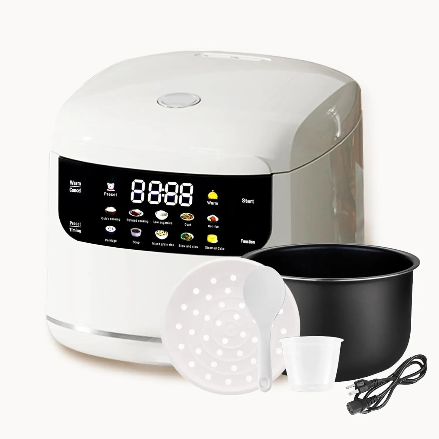 NUNET 5 Cups Mini Electric Rice Cooker, Portable 10-in-1 Smart Multi-Functional Rice Cooker with Time Control, 400W Non-Stick Inner Pot for Soup, Mixed Grain Rice, Oatmeal & Porridge, White