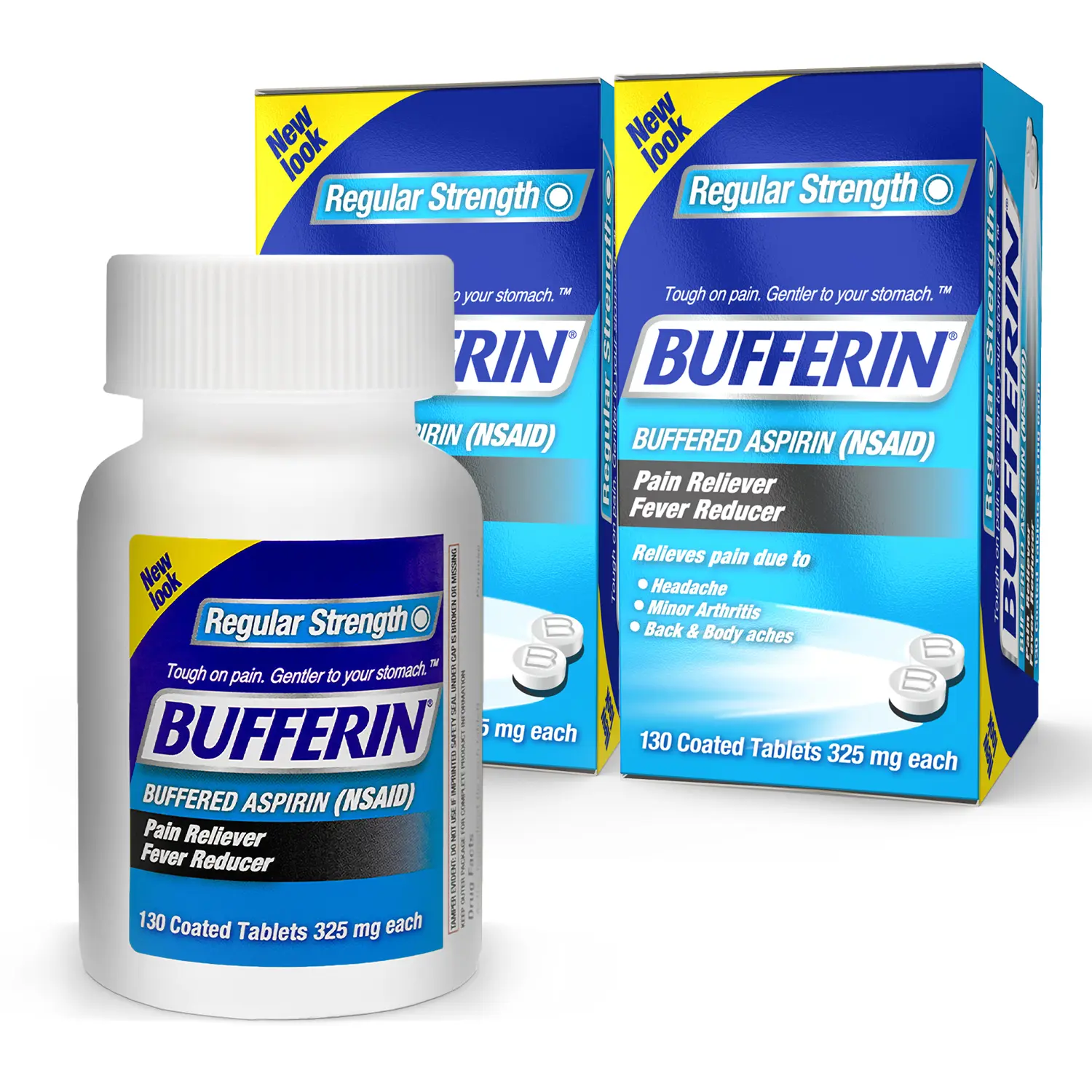Bufferin Triple Buffered Aspirin 325 mg Coated Tablets (2-Pack, 130 Count Total) - OTC Pain Relief Treatment, Safe Fever Reducer, Inflammation Fighter for Adults/Youth, 3 Buffering Agents (Magnesium Oxide), Blocks Prostaglandins, Relieves Headaches
