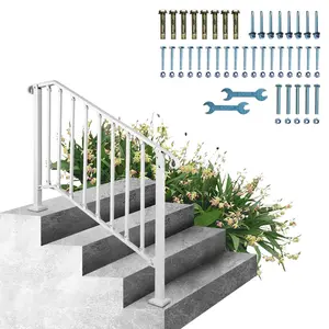Outdoor Stair Railing For 3 Or 4 Steps, Exterior Handrails For Steps, Picket Number 3 Wrought Iron Railing, Flexible Porch Rail, White Transitional Handrails For Concrete Or Wooden Stairs, Weatherproof Metal Staircase Guardrail