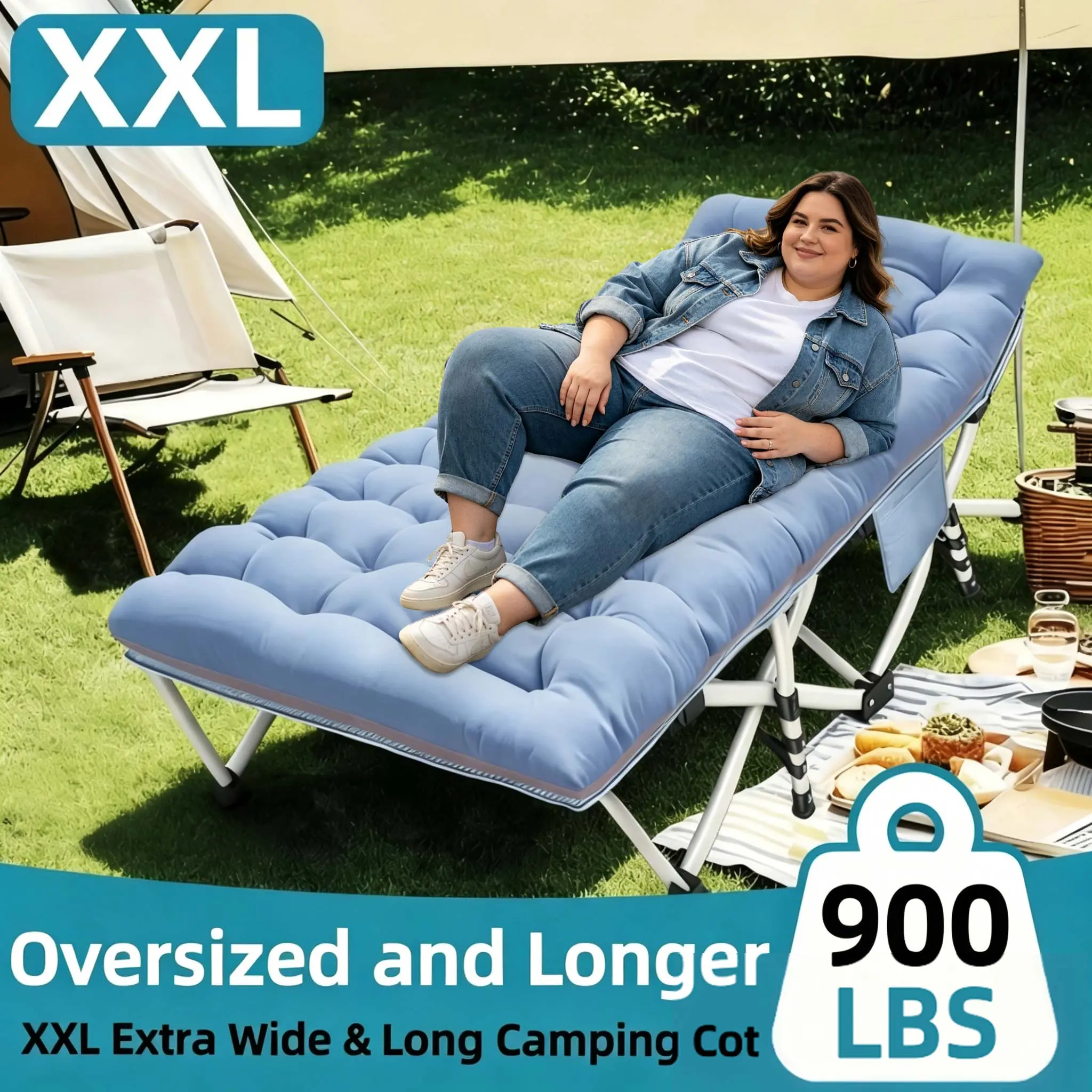 Outdoor Folding Camping Cot with Mattress, Heavy Duty Sleeping Cot with Carry Bag, Up to 900 Lbs, Portable Guest Bed for camping, Travel, Outdoor & Indoor Use Lightweight Foldable Chair, Camping Bed, Portable Outdoor Loungers