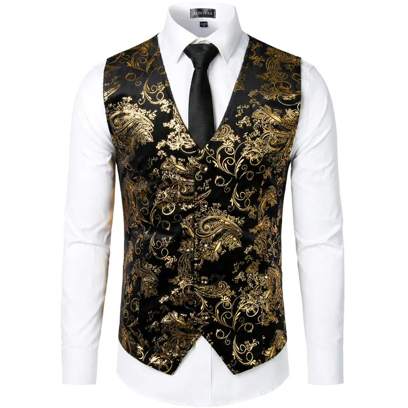 ZEROYAA Men's Elegant Sleeveless Retro Shiny Metallic Paisley Print Slim Fit V-Neck Tuxedo Waistcoat - Smooth Soft Fabric, Adjustable Straps, Elastic Hipster Suit Vest for Wedding, Evening Event, Flat Dry Only