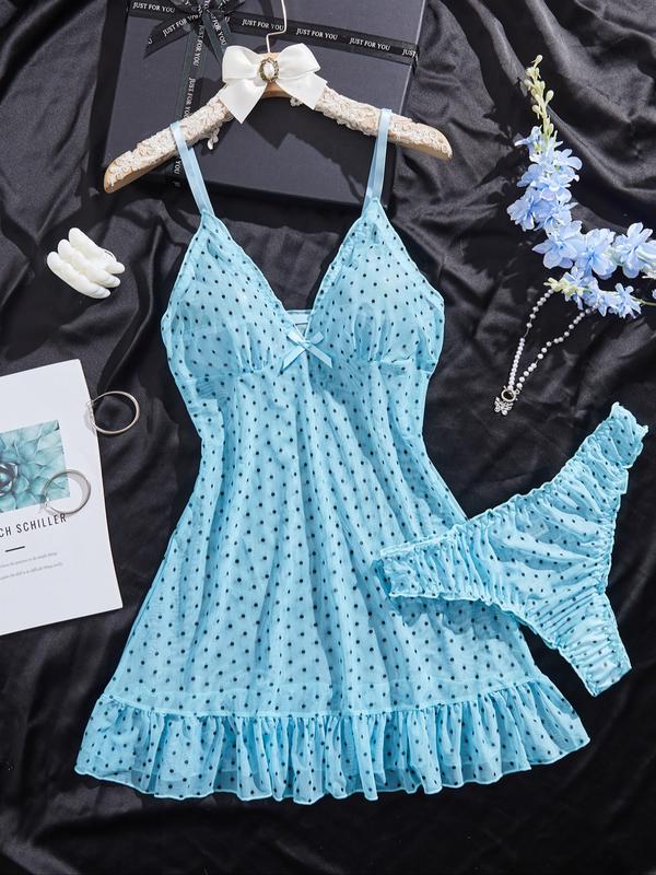 Women's Elegant Polka Dot Sleepwear Set, Lightweight Knit Fabric, Soft Touch, Half-Transparent Effect, Classic Bow, All Seasons Women's Elegant Polka Dot Sleepwear Set, Lightweight Knit Fabric, Soft Touch, Half-Transparent Effect, Classic Bow, All Seasons