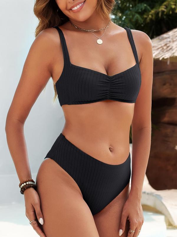 ANRABESS Womens Bikini Sets Two Piece Swimsuit Ribbed Front Ruched Mid Waisted Bathing Suit Color Block 2026 Beach Swimwear