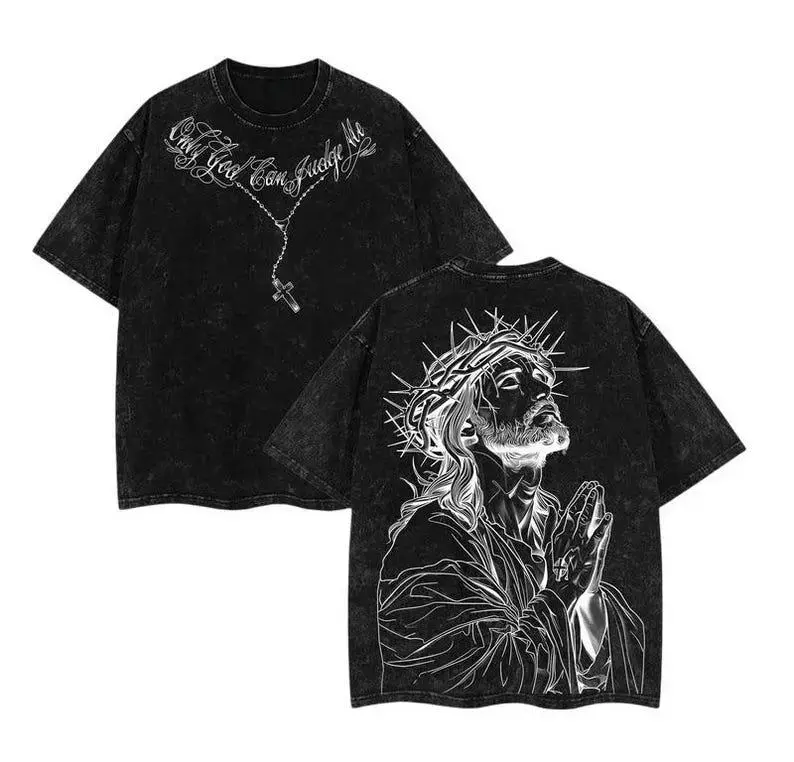 Men's Oversized Washed Christian Tshirt - Short-Sleeve, Casual, Distressed, Festive, Bold Jesus Graphic Summer Streetwear Top, Shortsleeve, Jesus T Shirts, Graphic Shirts, Vintage, Jesus Print