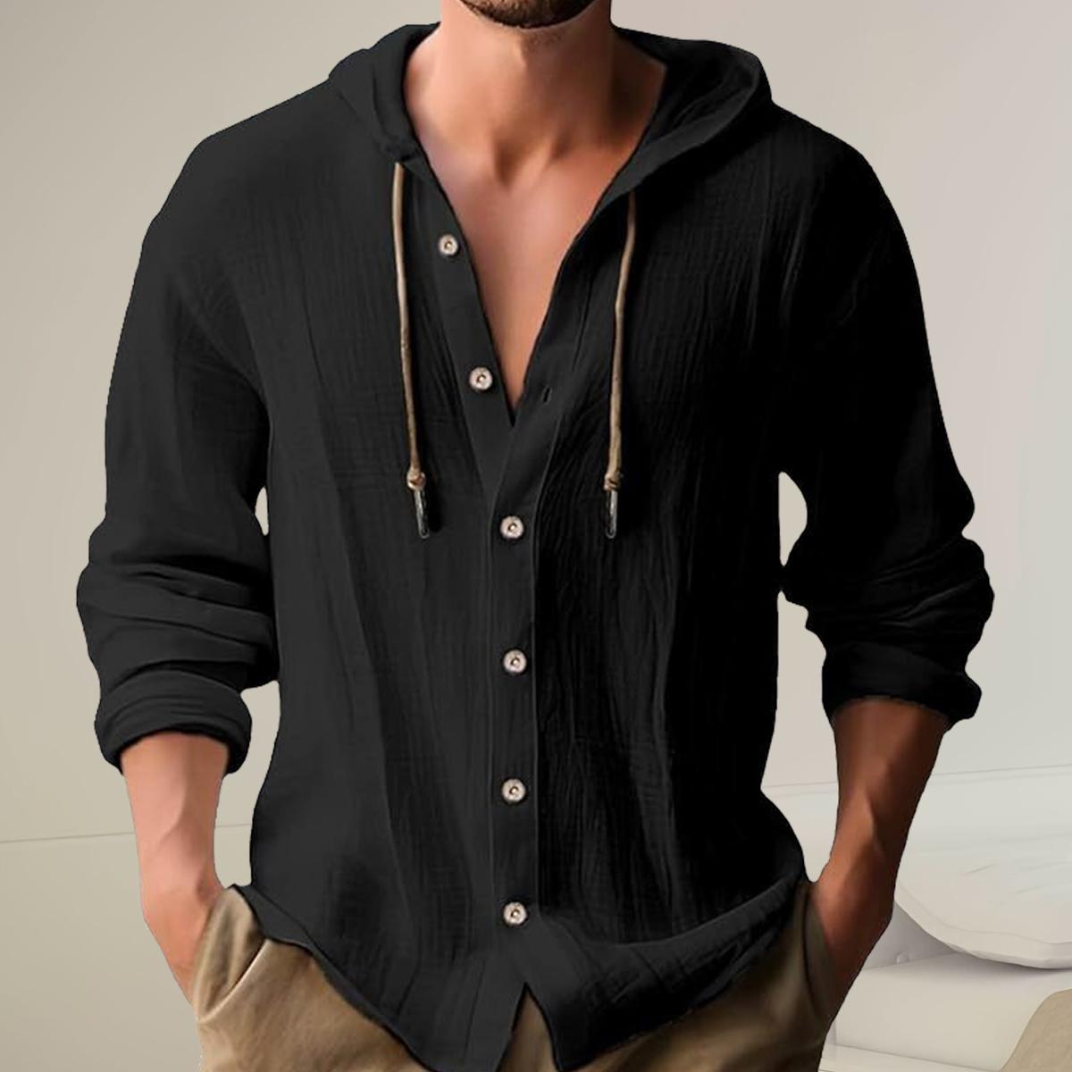 Men's casual hooded long-sleeved shirt, adjustable drawstring hood, non-elastic fabric, regular fit, suitable for spring and autumn outdoor hiking, camping, daily wear and party occasions, as well as gift for festivals