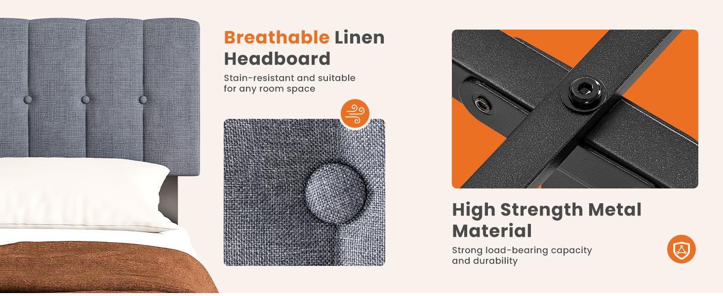 Bed Frame - Fabric Upholstered Platform Bed with Headboard, 800LBS Sturdy Wooden Slats Support, No Box Spring Needed, Noise Free, Easy Assembly