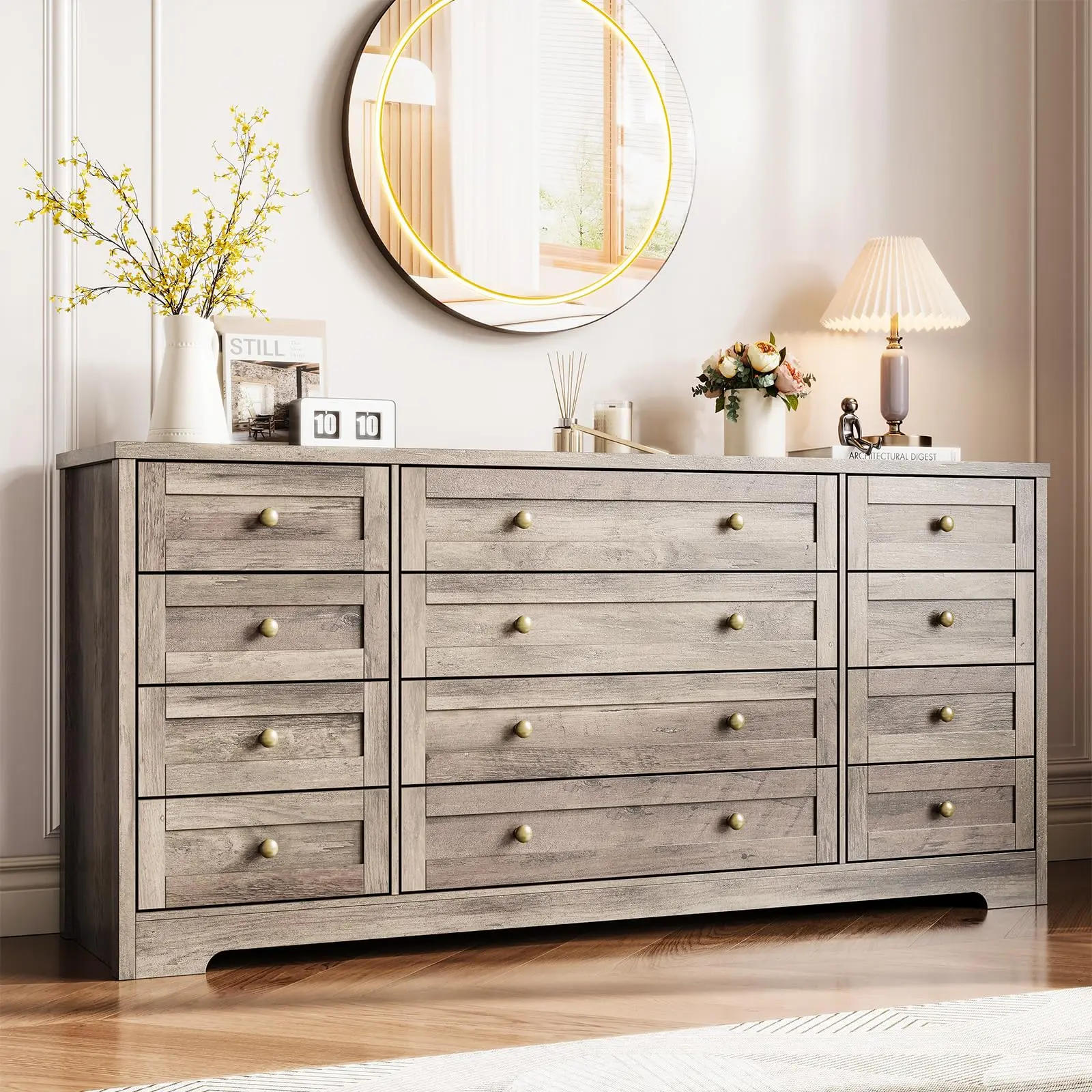 Garvee 12-Drawer Solid Wood Dresser, 63" Long, 16" Wide, Modern Design for Bedroom, Living Room, Hallway, and Suitable for 65-Inch TV Stand
