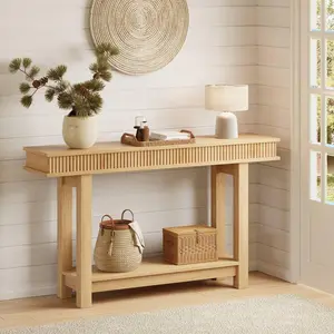 Farmhouse Fluted Console Table, 2 Tier Wooden Entryway Table with Shelf Storage, Rectangular Narrow Sofa Table Behind Couch, Entry Table Foyer Hallway Table for Entrance, Hallway, Living Room